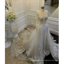 Mermaid Wedding Dresses With Detachable Train Sheer Jewel Neck Lace Appliqued Bridal Gowns With Long Sleeves Beaded Dress